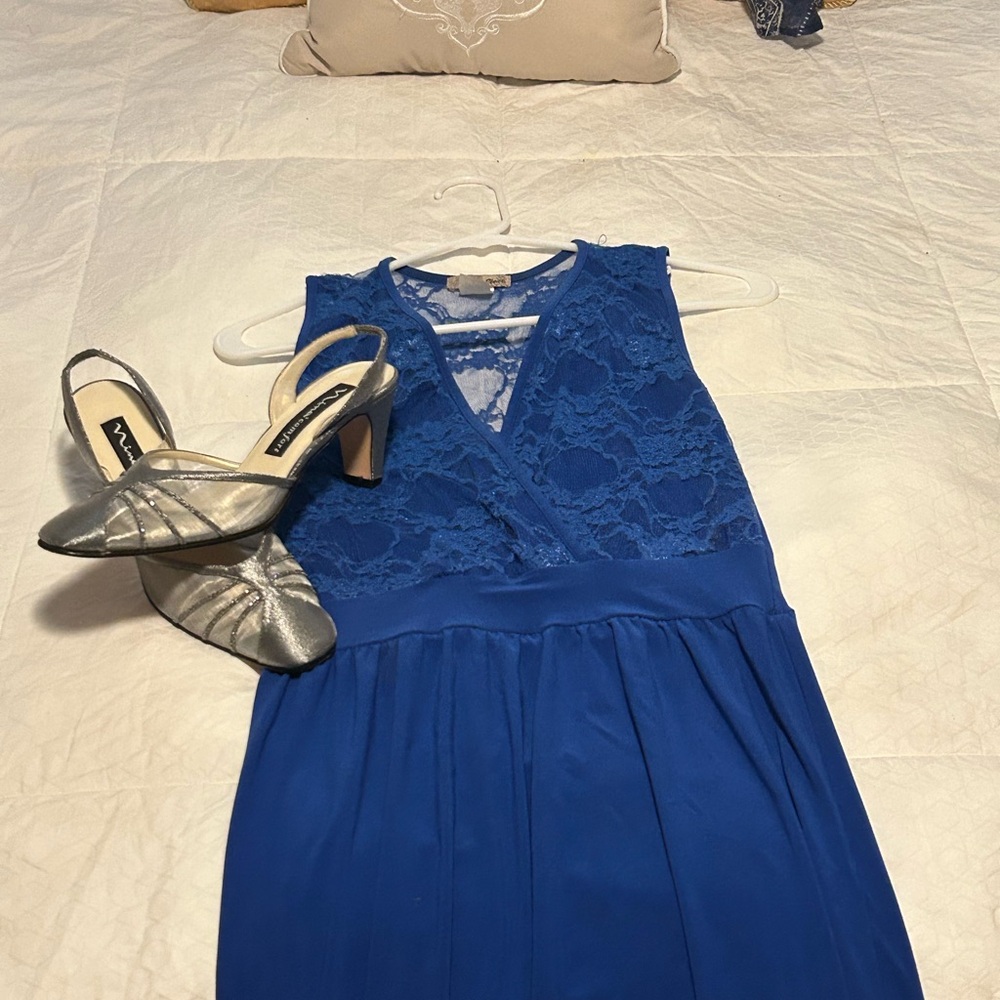 Blue party dress and silver Nina Heels